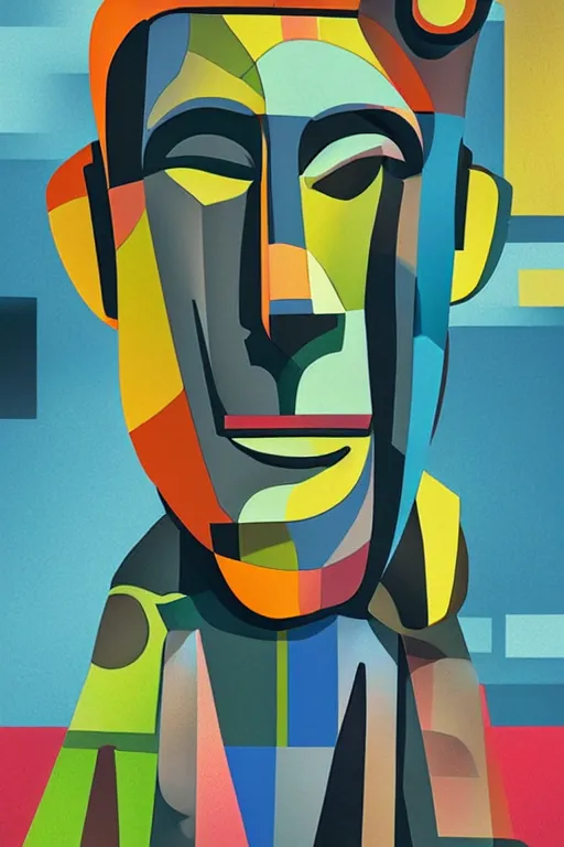 Image similar to cubist moai statue cutout digital illustration cartoon colorful beeple