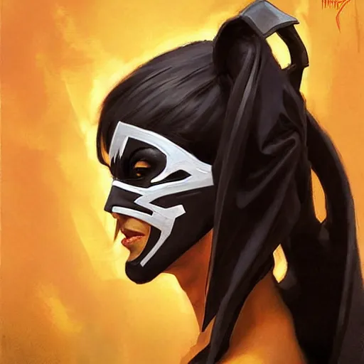 Prompt: greg manchess portrait painting of mileena from mortal kombat wearing a halfmask as overwatch character, medium shot, asymmetrical, profile picture, organic painting, sunny day, matte painting, bold shapes, hard edges, street art, trending on artstation, by huang guangjian and gil elvgren and sachin teng