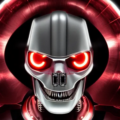 Prompt: portrait of a menacing evil villain robot, glowing dark red eyes, metal teeth, striking, Terminator, Ultron, sci-fi, facial features, skull shape, circuitry, C-3PO