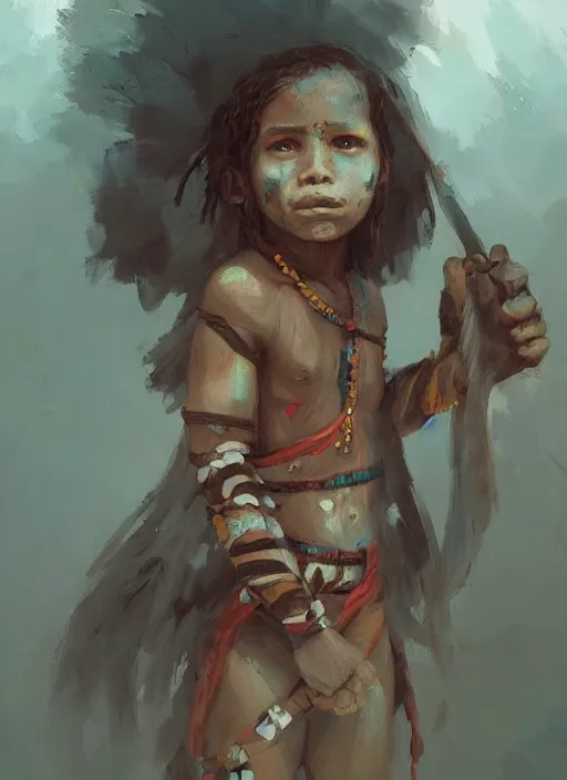 Prompt: A painting of a child-like tribal woman trending on artstation in the style of Greg Rutkowski