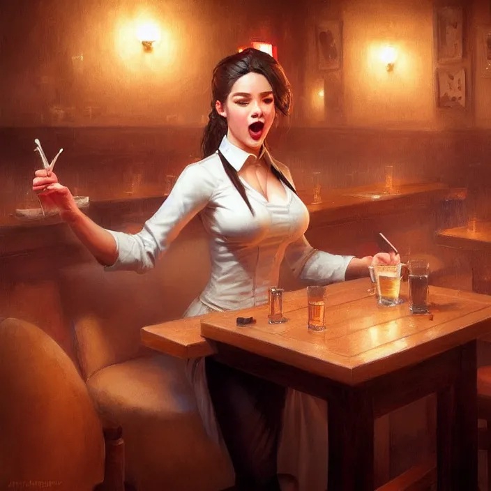 Image similar to a waitress singing on a table in a bar, elegant, real life skin, intricate artwork, high detailed, artstation, concept art, smooth, sharp focus, art by artgerm and greg rutkowski