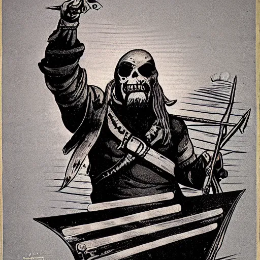 Prompt: Orc Pirate, Golden sails pirate ship. Islamic Propaganda poster, 1991