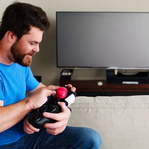 Prompt: man holding baby while playing his game console