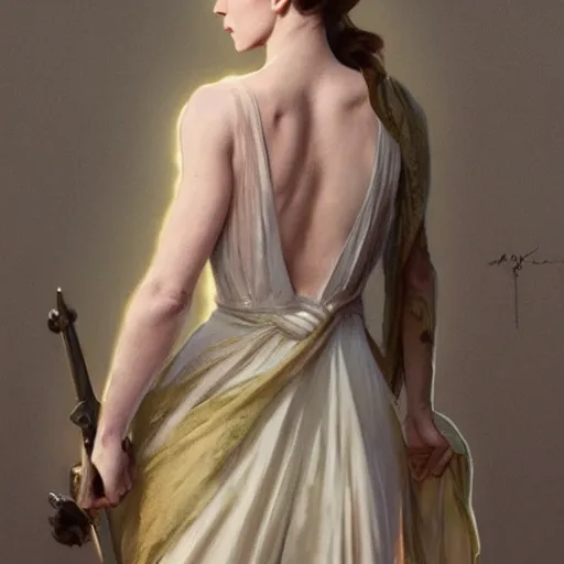 Prompt: Full body shot of Emma Watson in a classical dress, photographed from the back, looking backwards, artstation, concept art, extremely detailed, sharp focus, art by greg rutkowski and alphonse mucha