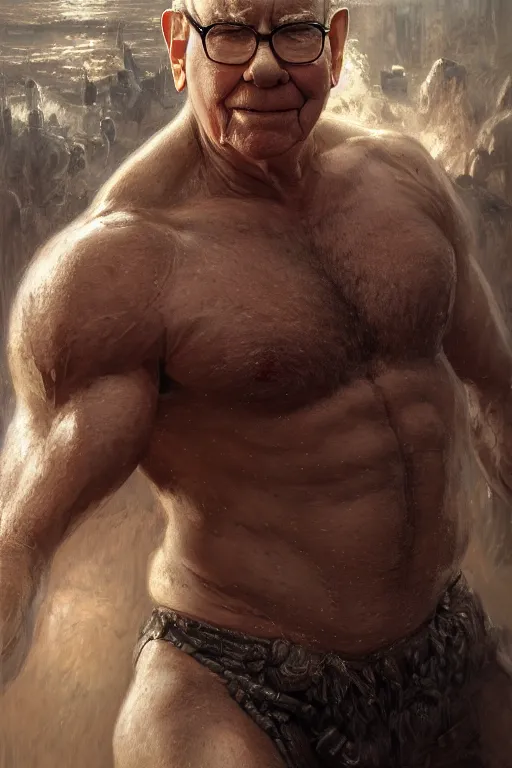 Image similar to portrait of warren buffett posing ultra realistic illustration, a hulking herculean gigachad, bulging muscles, intricate, highly detailed, digital painting, artstation, radiant light, caustics, war hero, concept art, smooth, sharp focus, by gaston bussiere, bayard wu, giger, maxim verehin