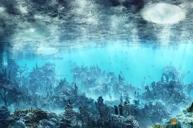 Image similar to underwater city, photograph,