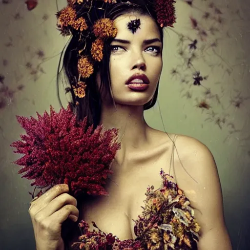 Prompt: fine art photo of adriana lima, she has a crown of dried flowers, by oleg oprisco