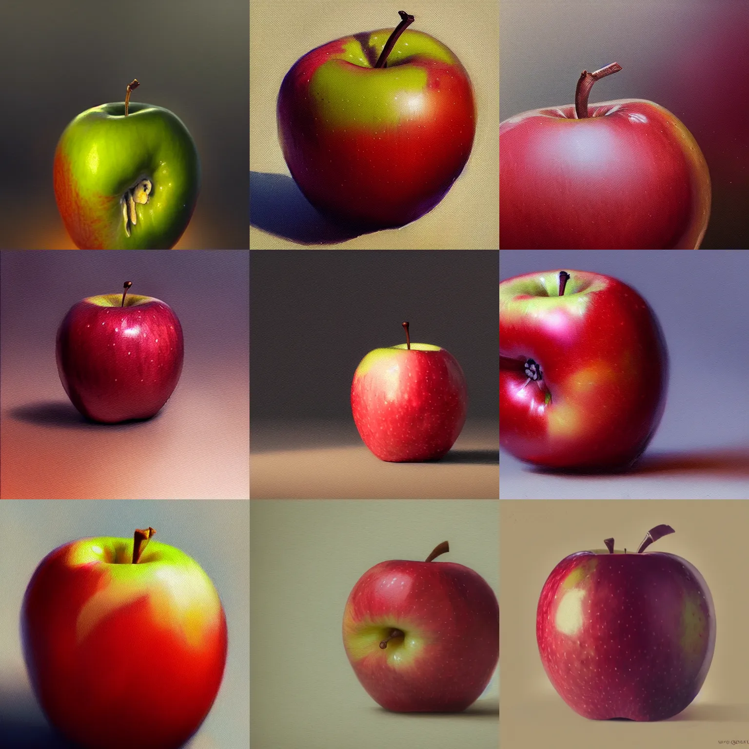 Prompt: beautiful aesthetic inspirational digital oil painting of a close - up apple, by greg rutkowski, ultra detailed, fine details, trending on artstation, volumetric light.