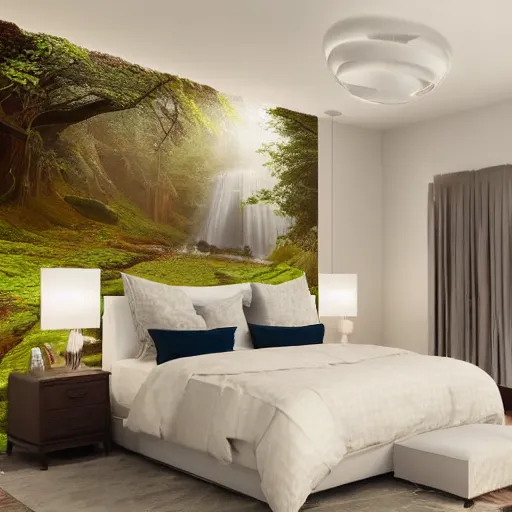 Image similar to a cozy bedroom interior with wall murals painted by a genius, detailed, high resolution, wow!, intricate, volumetric lighting, raytracing