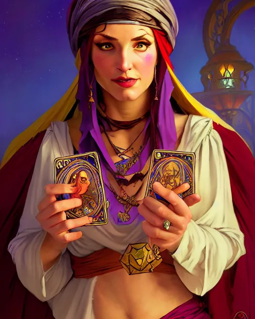Prompt: renaissance gypsy fortune teller, comic cover painting, masterpiece artstation. 8 k, sharp high quality artwork in style of wayne reynolds, alphonse mucha, greg rutkowski, and don bluth, concept art by jack kirby, blizzard warcraft artwork, hearthstone card game artwork