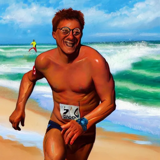 Prompt: a running man on the beach, happy, painted by jean charles blais, Mambo Graphics, oil pant, bruskstrokes, color, ultra detailed, 8k