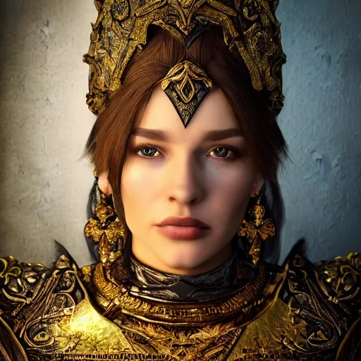 Image similar to the elder scrolls vi, majestic, gracious regal brunette female jarl portrait, palatial garden mysterious, mysterious atmospheric lighting, painted, intricate, volumetric lighting, beautiful, rich deep colours masterpiece, golden hour, golden ratio, sharp focus, ultra detailed, by mark kent, jordan lamarre - wan, igor kieryluk, maxim verehin, miranda meeks