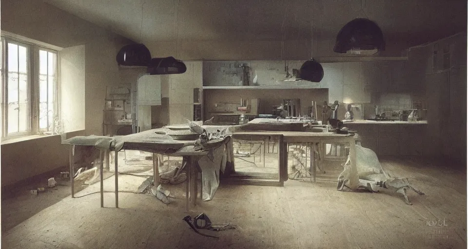 Image similar to IKEA catalogue photo, high end farm house style kitchen, by Beksiński