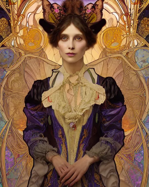 Prompt: wlop and alfons mucha detailed portrait digital rococo painting of a beautiful serious cat wearing fantasy clothing. the cat has black angel wings, evil mood, hellish battlefield in the background, unreal engine, embers flying, hyper realism, realistic shading, cinematic composition, blender render, octane render, ultrawide shot