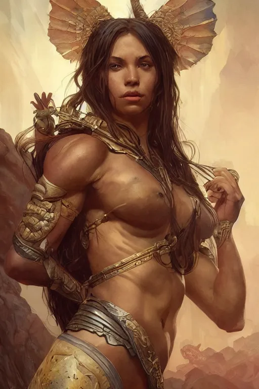 Image similar to portrait of an amazon, muscular, upper body, D&D, fantasy, intricate, cinematic lighting, highly detailed, digital painting, artstation, concept art, smooth, sharp focus, illustration, art by Artgerm and Greg Rutkowski and Alphonse Mucha