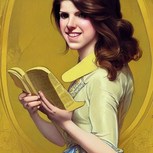 Image similar to a smiling anna kendrick wearing a yellow dress and reading a book, masterpiece, intricate, elegant, highly detailed, digital painting, artstation, concept art, smooth, sharp focus, illustration, art by artgerm and greg rutkowski and alphonse mucha and uang guangjian and gil elvgren and sachin teng, symmetry!!