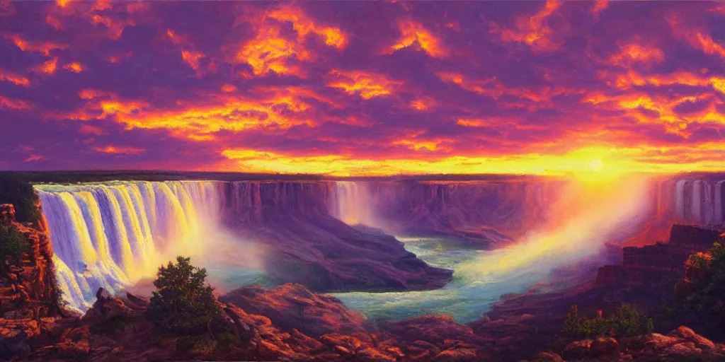 Image similar to Grand Canyon, Niagara Falls, picturesque sunset, cinematic lighting, detailed oil painting, hyperrealistic, 8k