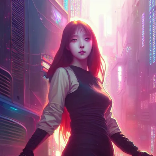 Image similar to painting of cyberpunk chuu loona kpop smiling cheerfully, ultra realistic, concept art, intricate details, eerie, highly detailed, photorealistic, octane render, 8 k, unreal engine. art by artgerm and greg rutkowski and magali villeneuve and alphonse mucha