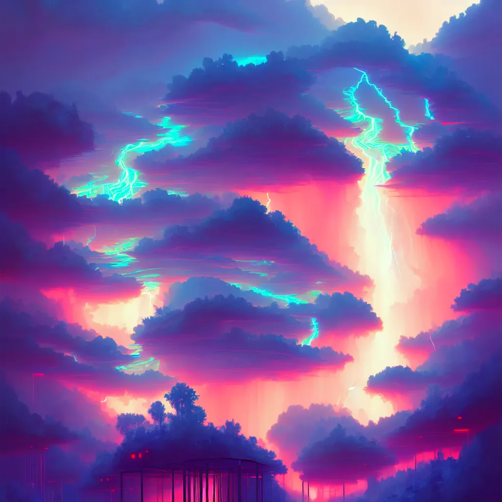 Image similar to a data-center, connector, firewall, cloud, security, river, trees, thunderstorm, trending on Artstation, painting by Jules Julien, Leslie David and Lisa Frank and Peter Mohrbacher and Alena Aenami and Dave LaChapelle muted colors with minimalism