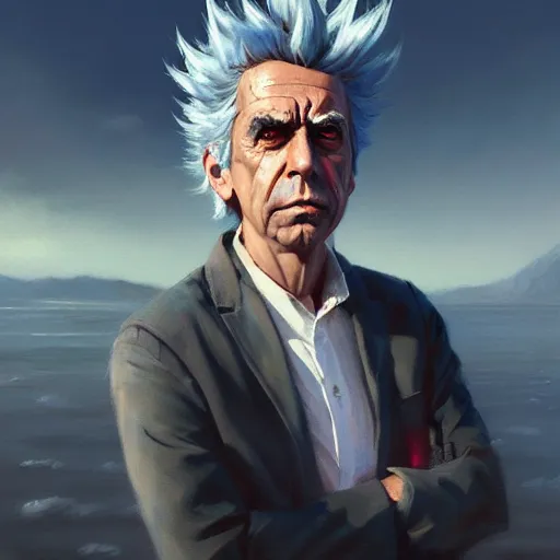 Image similar to rick sanchez portrait, dramatic light, lake background, 2 0 0 mm focal length, painted by stanley lau, painted by greg rutkowski, painted by stanley artgerm, digital art, trending on artstation