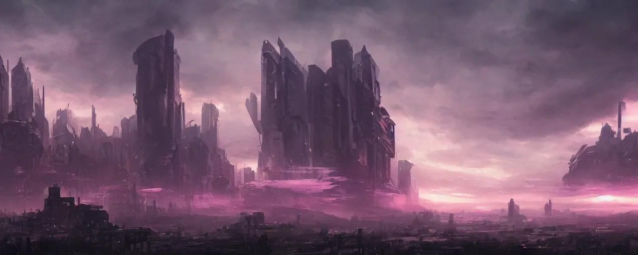 Prompt: Giant megacity looming across the landscape, dystopian, post apocalyptic, the sky is purple, very detailed concept art, matte painting, digital art, concept art, realistic beautiful, trending on Artstation, Greg Rutkowski