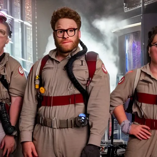 Image similar to awe inspiring Seth Rogen playing a Ghostbuster in a still from the movie Ghostbusters 8k hdr