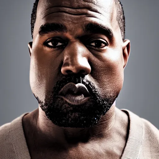 Image similar to the face of older kanye west wearing yeezy clothing at 5 0 years old, portrait by julia cameron, chiaroscuro lighting, shallow depth of field, 8 0 mm, f 1. 8