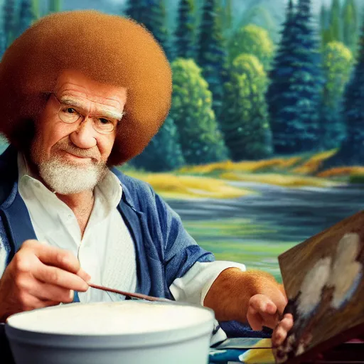 Image similar to a closeup photorealistic photograph of bob ross working on a canvas painting of cookie monster. film still. brightly lit scene. mountains and trees. this 4 k hd image is trending on artstation, featured on behance, well - rendered, extra crisp, features intricate detail, epic composition and the style of unreal engine.