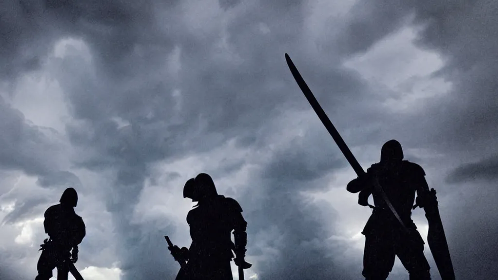 Image similar to low angle two warriors holding swords standing looking up at a villain silhouette thunder lighting storm heavy rain dark clouds