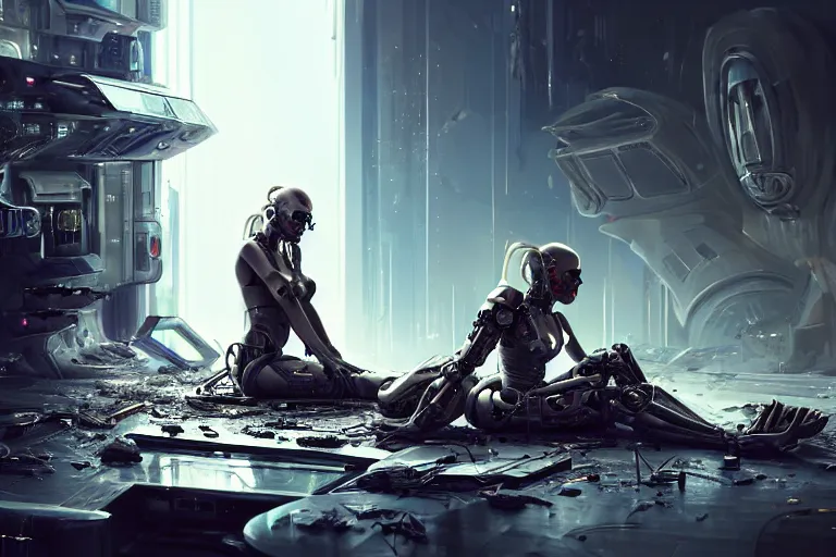 Prompt: Ultra realistic illustration, beautiful alluring damaged combat cyborg sitting on the floor of a crashed spaceship while being put back together in an super advanced military medical bay, discussing with other alluring cyborgs how to handle humans, cyberpunk, sci-fi, fantasy, intricate, elegant, highly detailed, digital painting, artstation, concept art, smooth, sharp focus, illustration, art by artgerm and greg rutkowski and alphonse mucha