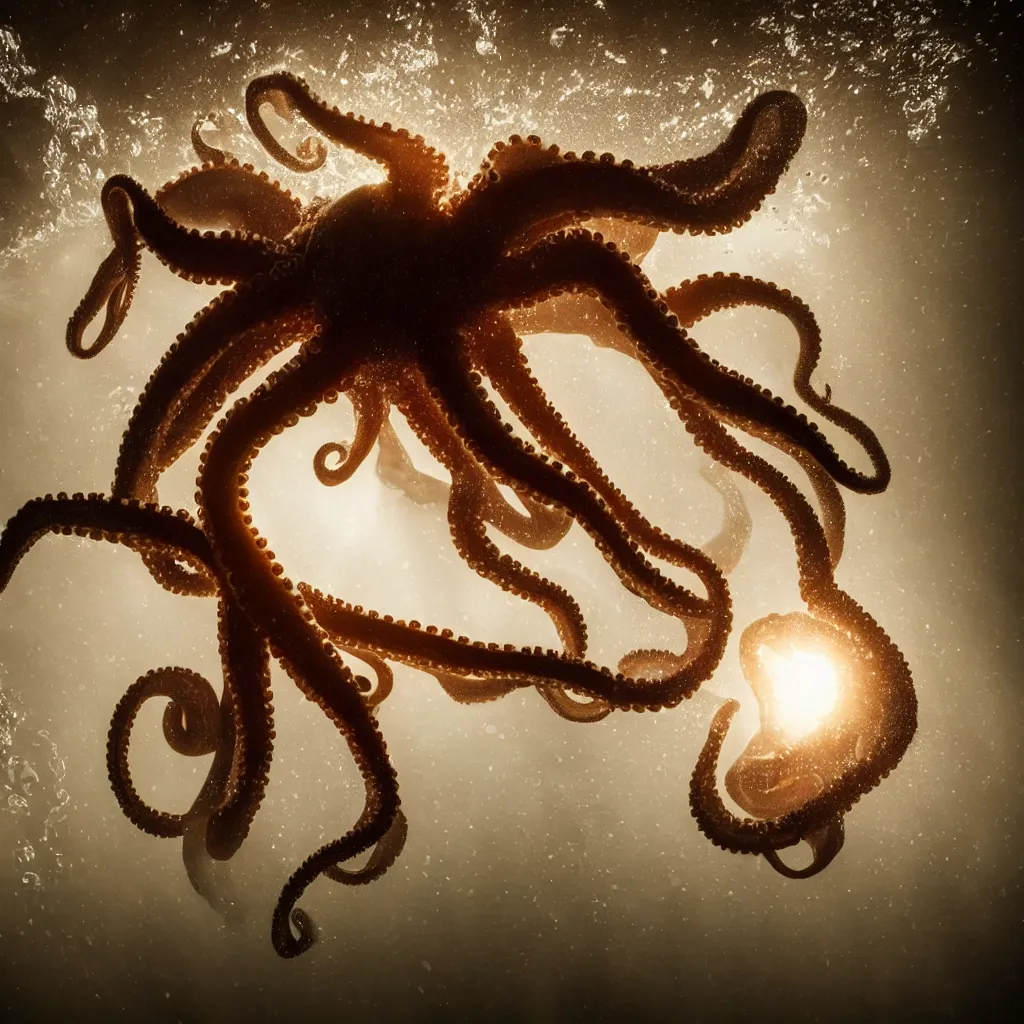 Image similar to an octopus transcending itself, dramatic lighting, underwater