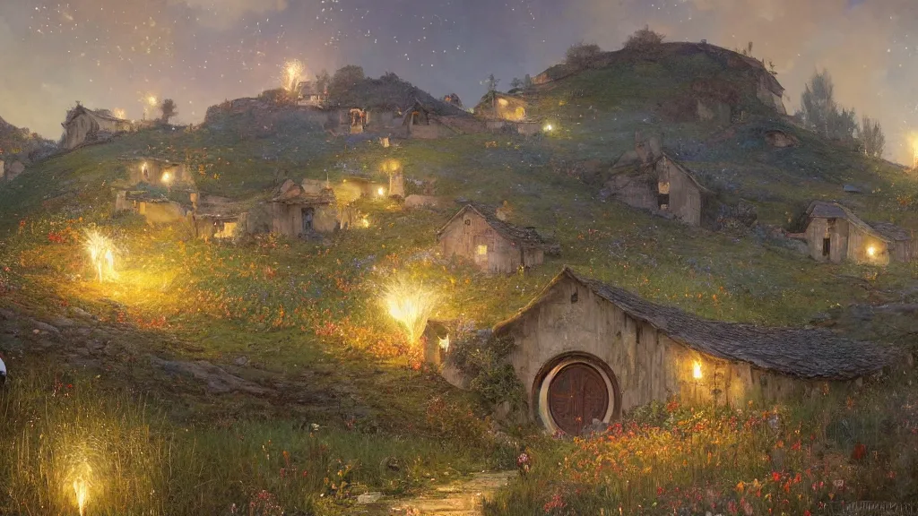Prompt: a beautiful painting of hills in the shire with round hobbit doors and windows during a fireworks festival, at night with a sky full of stars and fireworks, intricate, elegant, highly detailed, digital painting, artstation, concept art, by krenz cushart and artem demura and alphonse mucha