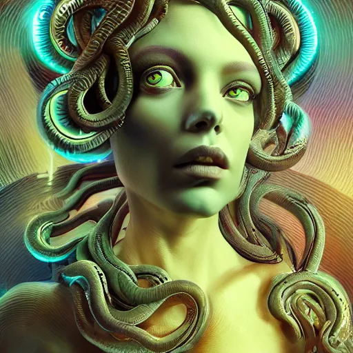 Prompt: beautiful medusa gorgon head highly detailed snakes, cosmic horror, ghostly, arcade, duotone, poltergeist, epic lighting, intricate, elegant, smooth, sharp focus, photo real, ultra realistic, unreal engine 5, raytracing, in the style of beeple and mike winkelmann, ultraviolet colors,