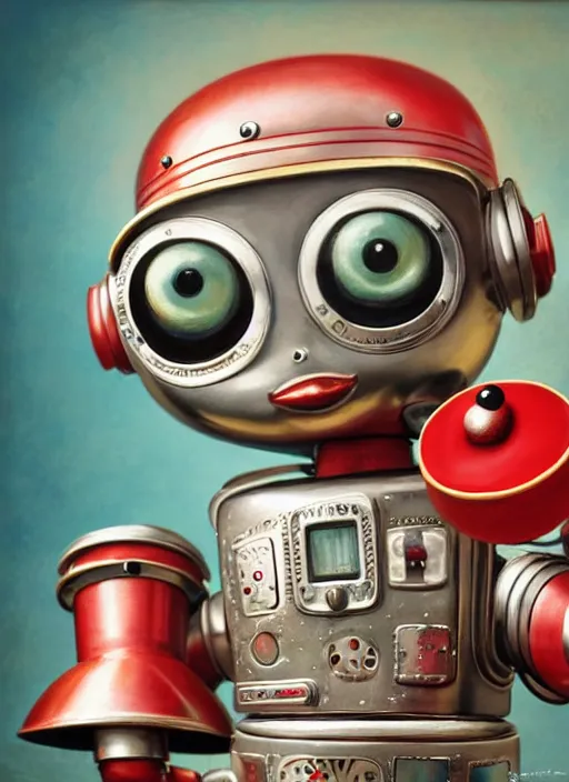 Image similar to highly detailed closeup portrait of a cute tin toy retro robot eating cakes, nicoletta ceccoli, mark ryden, lostfish, earl nore, hyung tae, frank frazetta, global illumination, god rays, detailed and intricate environment