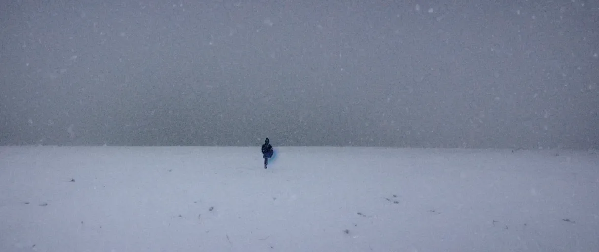 Image similar to a high quality color extreme closeup depth of field creepy hd 4 k film 3 5 mm photograph of very heavy snow storm blizzard in desolate antarctica, the faint barely visible silhouette of a bulky man is inside the blizzard