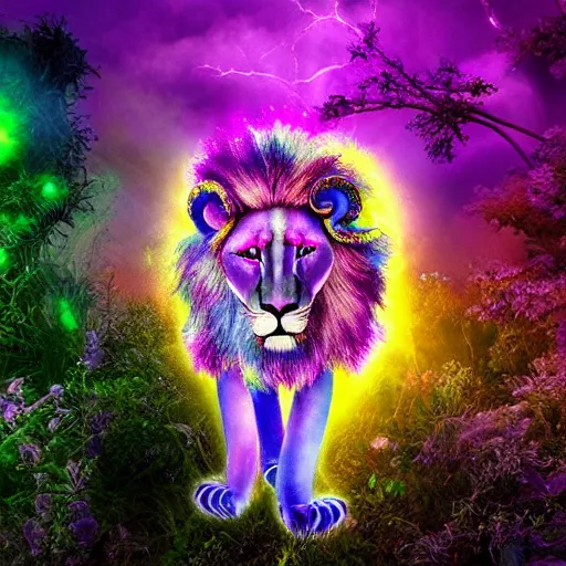 Image similar to a purple lion - like creature, engulfed in glowing iridescent alien flora, with strange rainbow alien flowers, dramatic, award - winning photography