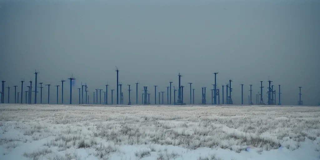 Image similar to photo of mongolian steppe during a snowstorm. three oil derricks in midground. cold color temperature. blue hour morning light, snow storm. hazy atmosphere. humidity haze. kodak ektachrome, greenish expired film, award winning, low contrast.