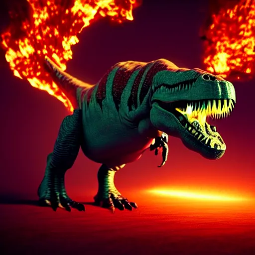 Image similar to an alien t-rex bursting out flames from its mouth in an unknown planet, octane render, bokeh, coherent, 3D