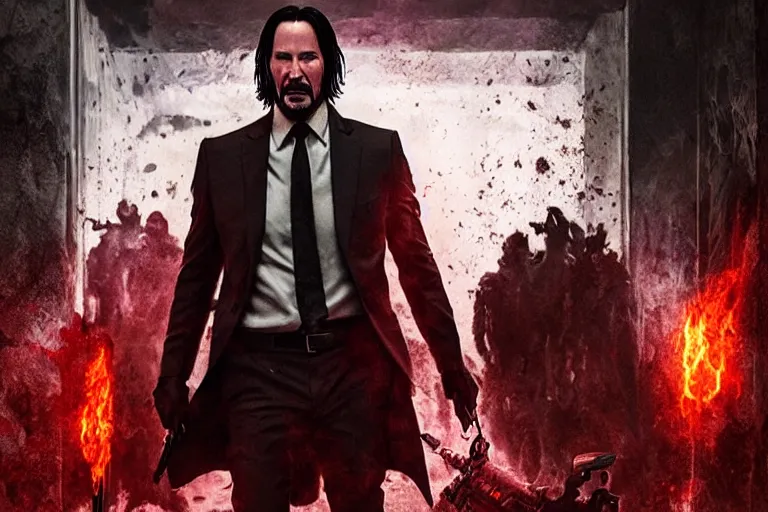 Image similar to keanu reeves as john wick, doom eternal concept art, killing demons, cinematic