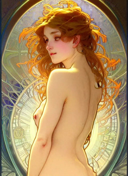 Prompt: digital character concept art by artgerm and gaston bussiere and alphonse mucha. clear portrait of a shy modern wife blessed by god to grow immaculately attractive and perfect!! blonde, in clothes! gifted holy body! light effect. hyper detailed, glowing lights!! intricate, elegant, fertility, digital painting, artstation, smooth, sharp focus