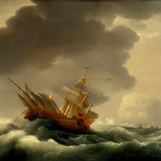 Image similar to a royal vessel in stormy seas and lightning