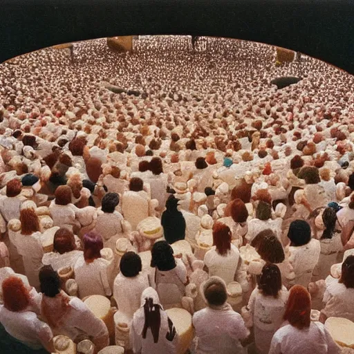 Prompt: A low angle photo of a cult based around cheese, 1990