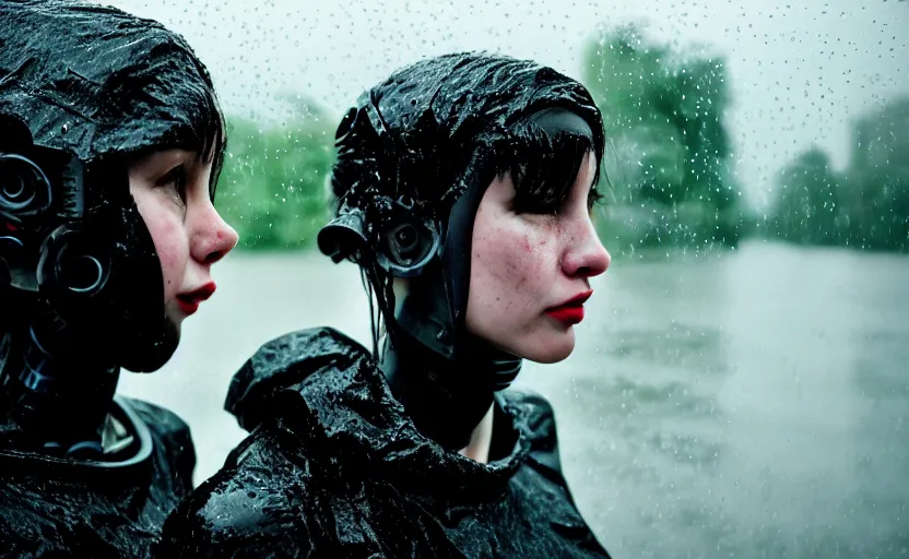 Image similar to cinestill 5 0 d candid photographic portrait by helen levitt of two loving female androids wearing rugged black mesh techwear in treacherous waters, extreme closeup, modern cyberpunk moody depressing cinematic, pouring rain, 8 k, hd, high resolution, 3 5 mm, f / 3 2, ultra realistic faces, ex machina