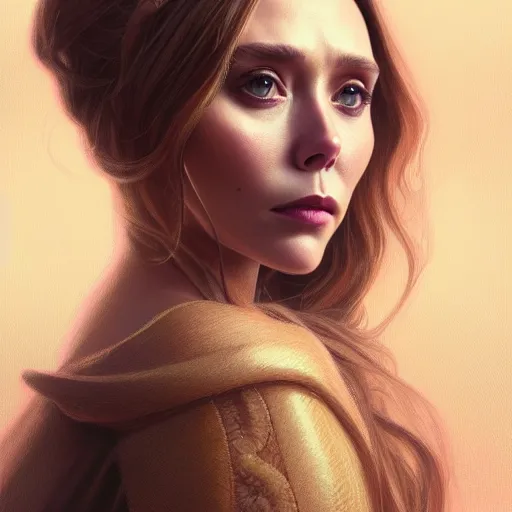 Image similar to portrait of elizabeth olsen wandavision, detailed face, decorated, intricate, elegant, highly detailed, digital painting, artstation, concept art, smooth, sharp focus, illustration, art by artgerm and greg rutkowski and alphonse mucha, 8 k