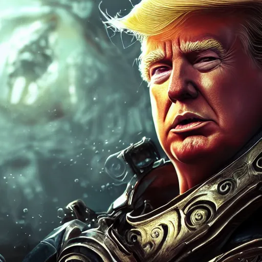 Image similar to Portrait of Trump, League of Legends amazing splashscreen artwork, Gears of War, splash art,natural light, elegant, photorealistic facial features, intricate, fantasy, detailed face, atmospheric lighting, anamorphic lens flare, cinematic lighting, league of legends splash art, hd wallpaper, ultra high details by Greg rutkowski