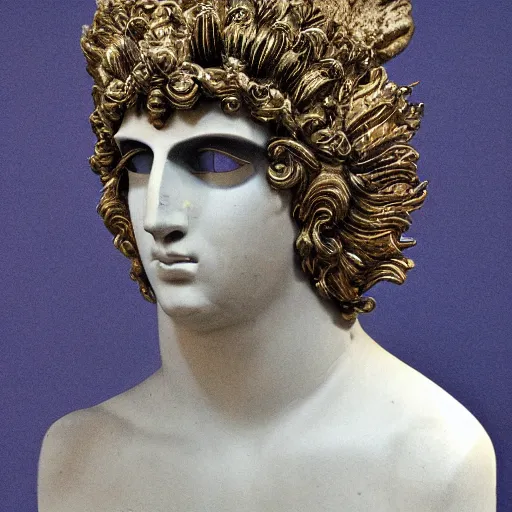 Image similar to antinous wearing venetian masquerade mask, symmetry, reflecting flower