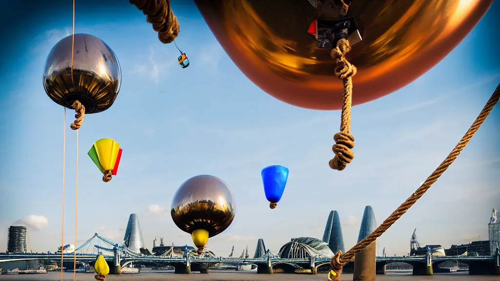 Image similar to large colorful futuristic space age metallic steampunk balloons with pipework and electrical wiring around the outside, and people on rope swings underneath, flying high over the beautiful london city landscape, professional photography, 8 0 mm telephoto lens, realistic, detailed, photorealistic, photojournalism