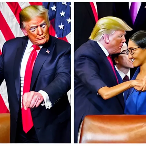 Image similar to trump and aoc hugging each other in a friendly manner in congress