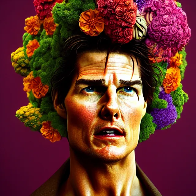 Prompt: bizarre surreal renaissance portrait of tom cruise with a a flower afro made out of various flowers, dramatic cinematic lighting, bold colors, 8 k, beautiful intricate painting, hyper realistic, octane render