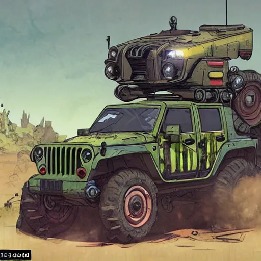 Prompt: froggy mech jeep concept borderland that looks like it is from Borderlands and by Feng Zhu and Loish and Laurie Greasley, Victo Ngai, Andreas Rocha, John Harris